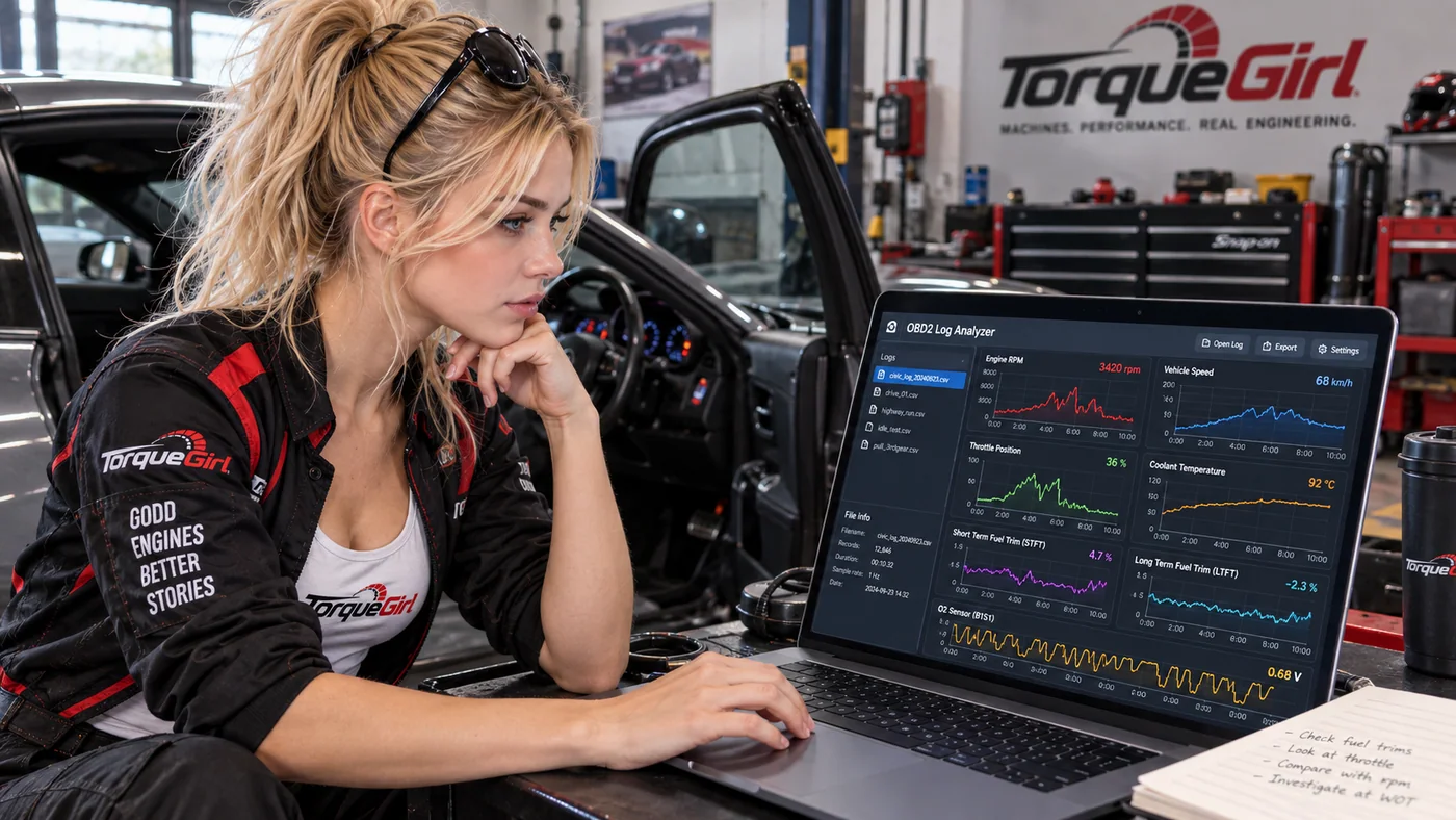 Torque Girl preparing an OBD2 recording beside a vehicle in a workshop.