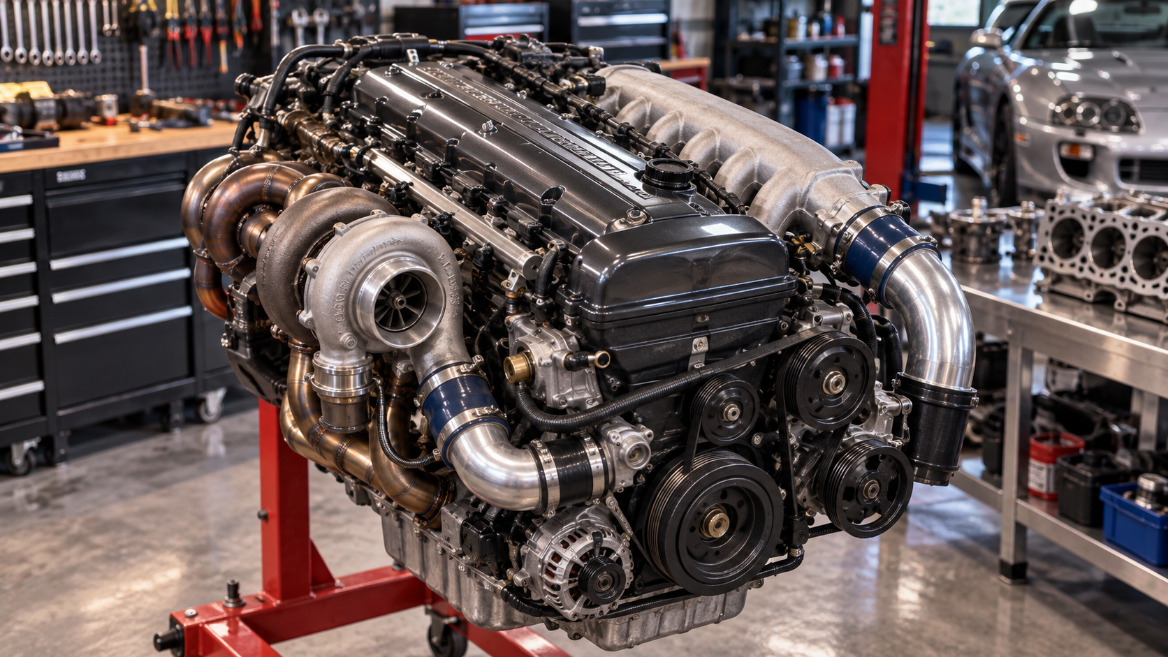 A standalone Toyota 2JZ-GTE engine on a professional workshop stand with turbo and intake hardware visible.