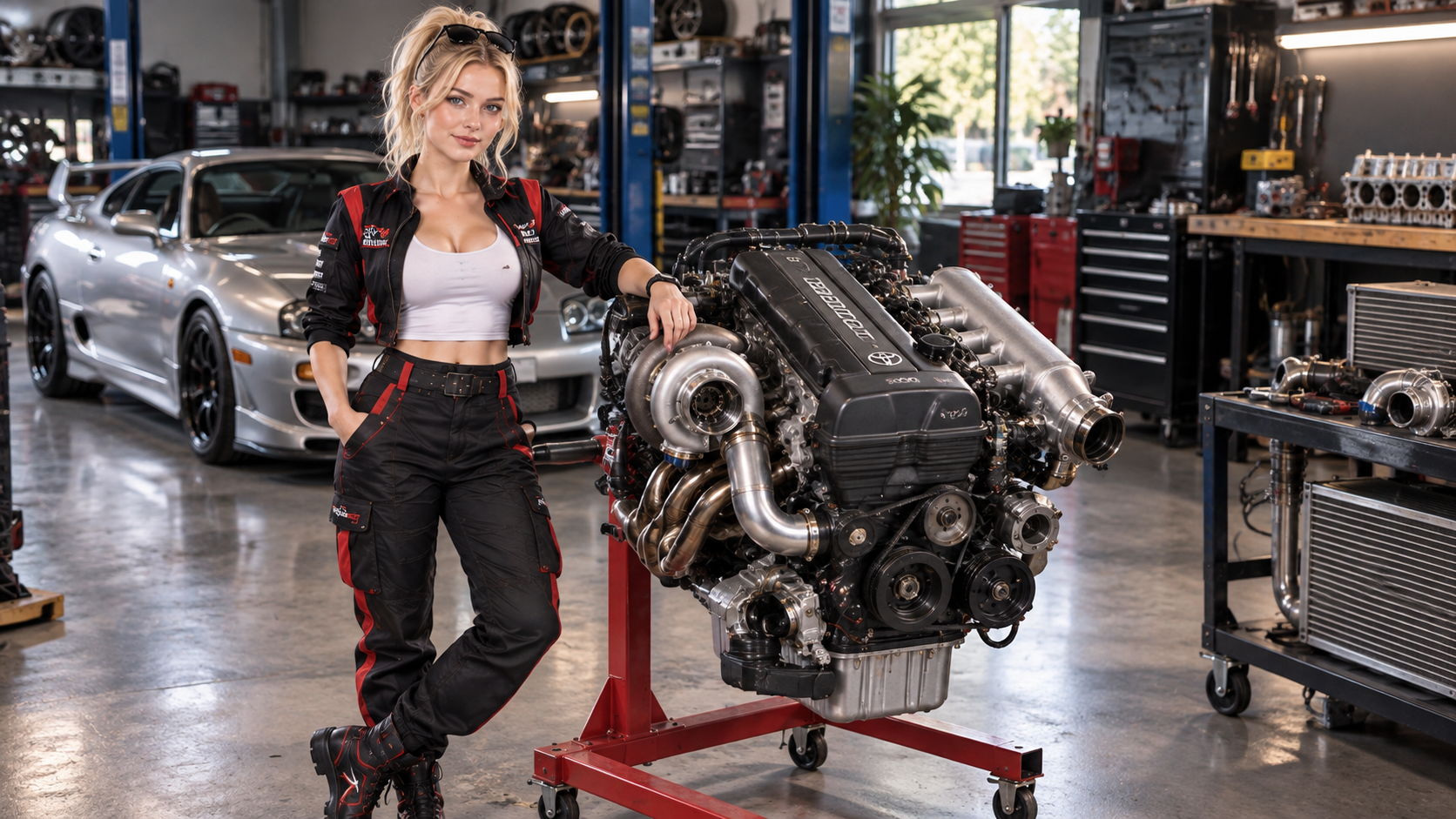 TorqueGirl standing beside a Toyota 2JZ-GTE engine on a workshop stand.