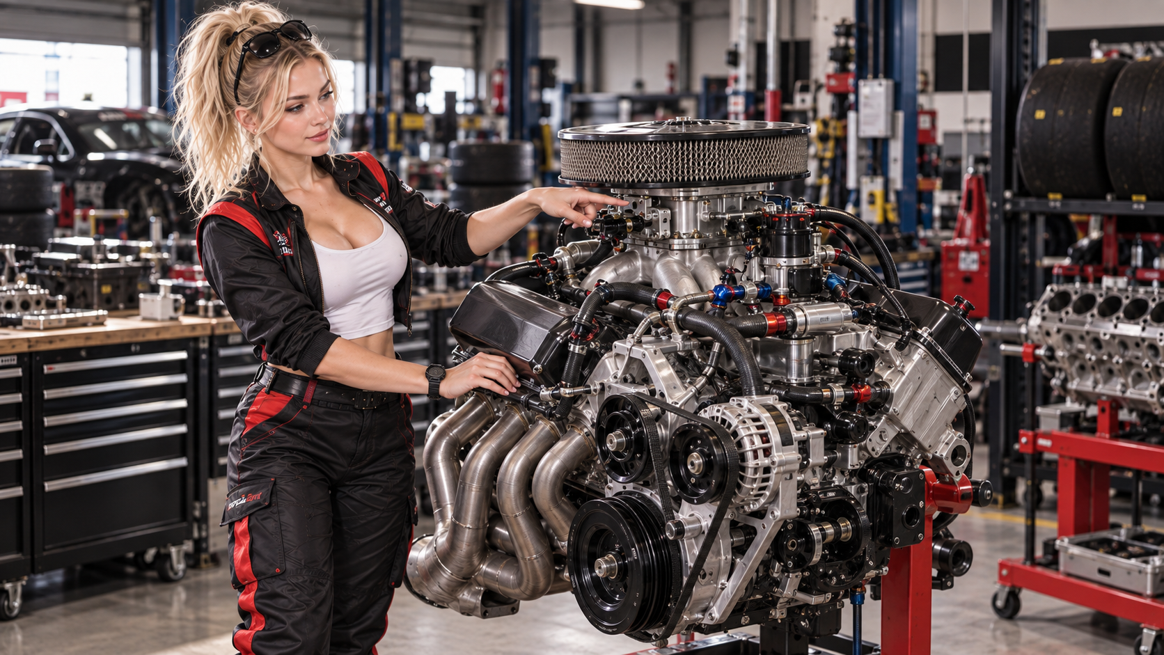TorqueGirl examining a naturally aspirated V8 racing engine on an engine stand.