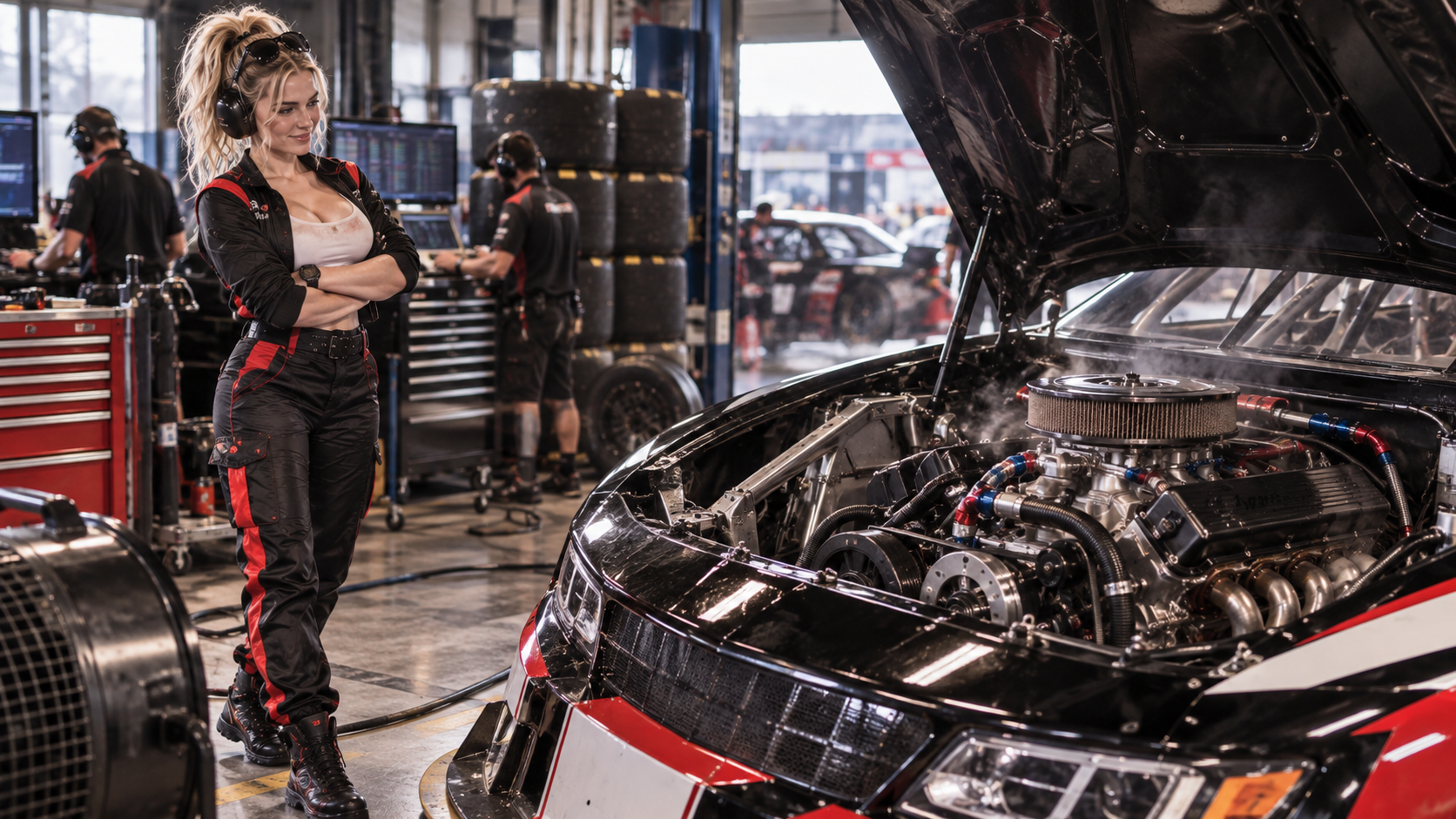 TorqueGirl wearing hearing protection beside a running stock car engine in a race garage.