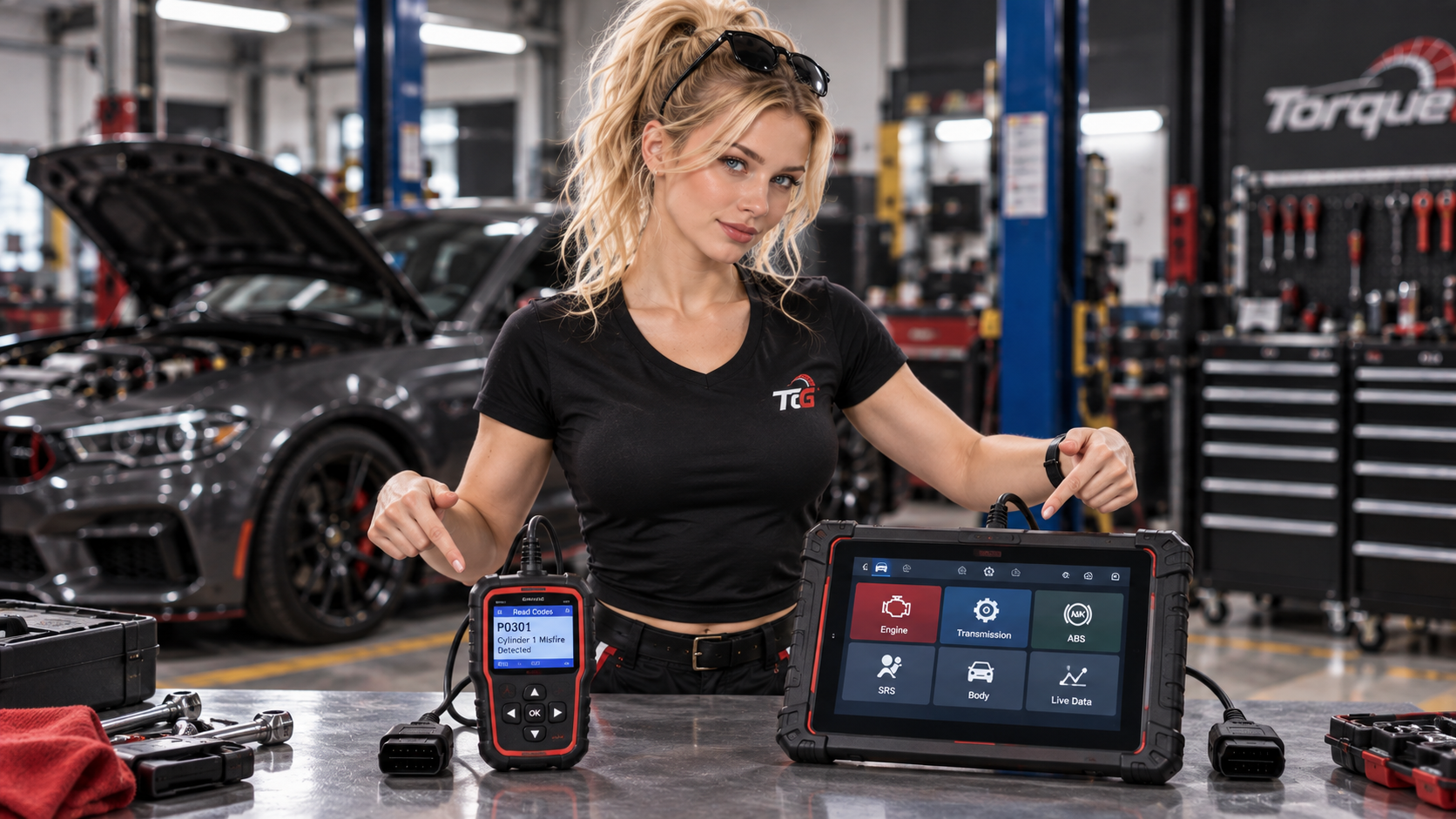 TorqueGirl comparing the capabilities of a basic code reader and advanced diagnostic scan tool