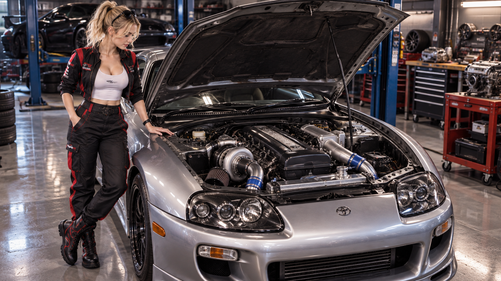 TorqueGirl inspecting the open engine bay of a silver Toyota Supra Mk4 in a workshop.